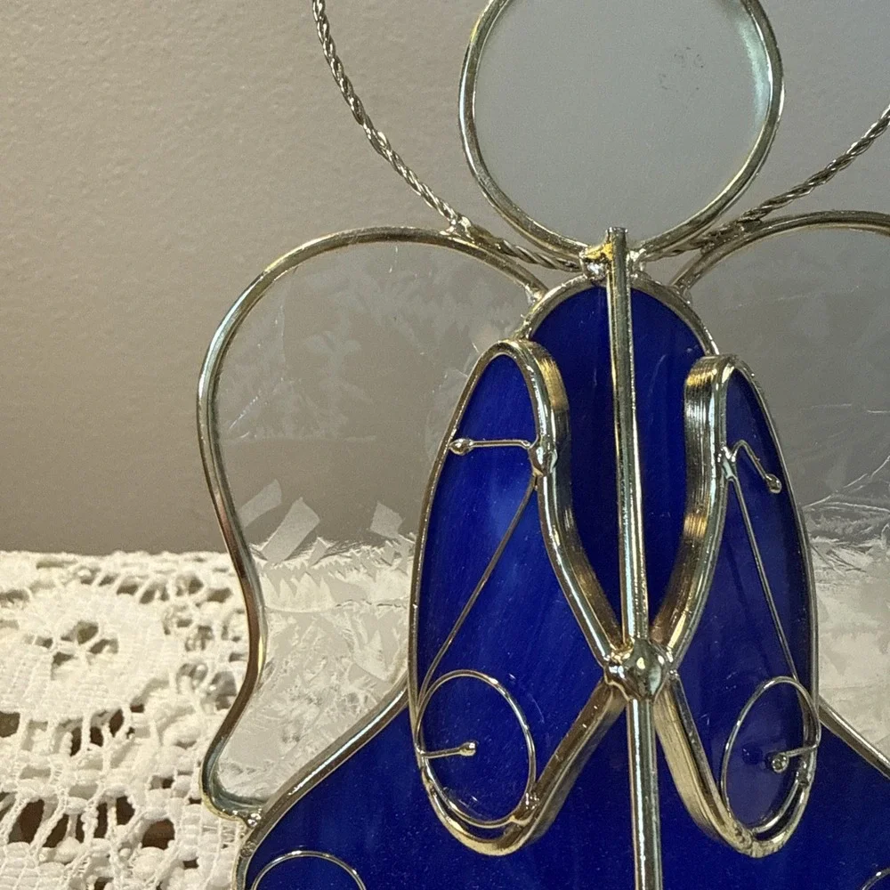 Stained Glass Angel Votive Candle Holder Tea Light Blue Christmas
